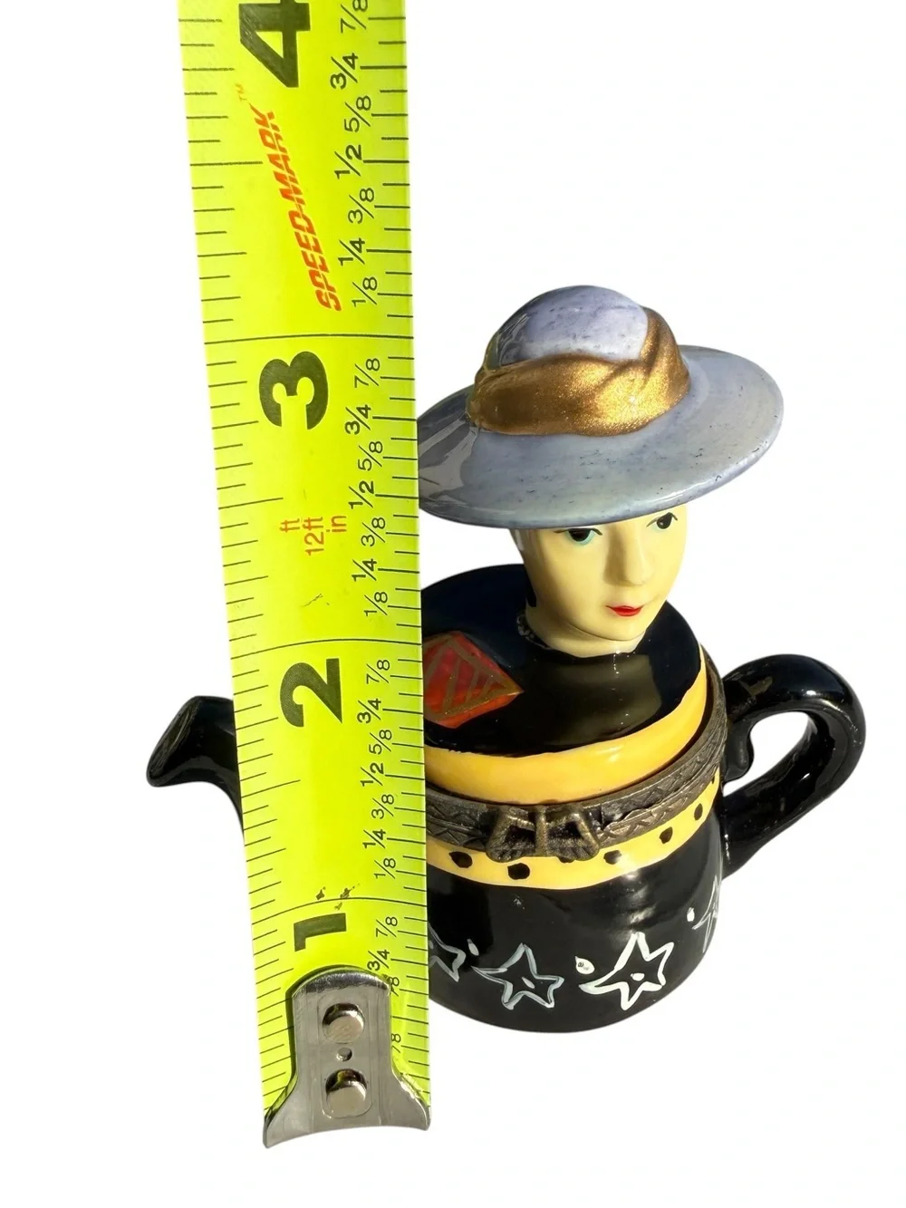 Vintage Art Deco Lady Teapot Trinket Box Ceramic Hinged Jewelry Keepsake Vanity